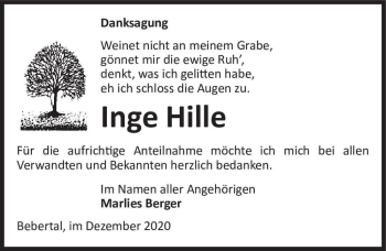 Traueranzeige von Inge Hille  von Magdeburger Volksstimme