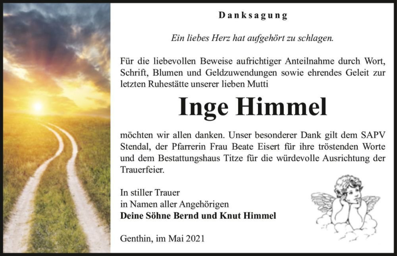  Traueranzeige für Inge Himmel  vom 15.05.2021 aus Magdeburger Volksstimme