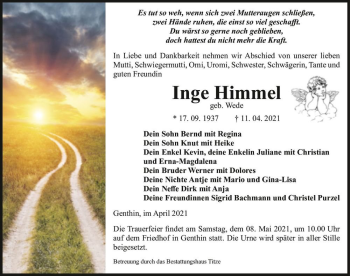 Traueranzeige von Inge Himmel (geb. Wede)  von Magdeburger Volksstimme