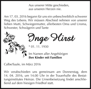 Traueranzeige von Inge Hirst  von Magdeburger Volksstimme