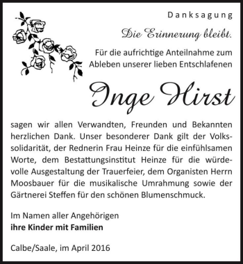 Traueranzeige von Inge Hirst  von Magdeburger Volksstimme