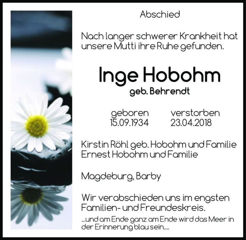  Traueranzeige für Inge Hobohm (geb. Behrendt)  vom 28.04.2018 aus Magdeburger Volksstimme