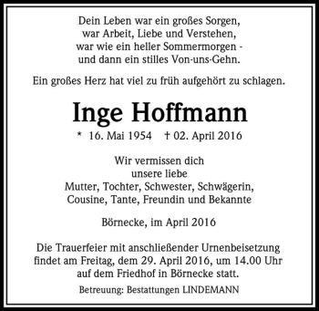 Traueranzeige von Inge Hoffmann  von Magdeburger Volksstimme