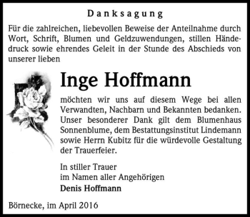 Traueranzeige von Inge Hoffmann  von Magdeburger Volksstimme