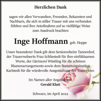 Traueranzeige von Inge Hoffmann (geb. Hoppe)  von Magdeburger Volksstimme