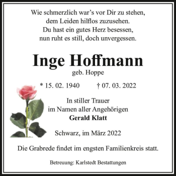 Traueranzeige von Inge Hoffmann (geb. Hoppe)  von Magdeburger Volksstimme