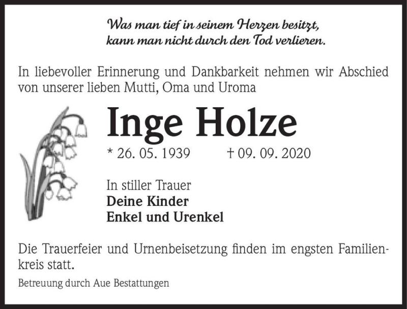  Traueranzeige für Inge Holze  vom 19.09.2020 aus Magdeburger Volksstimme