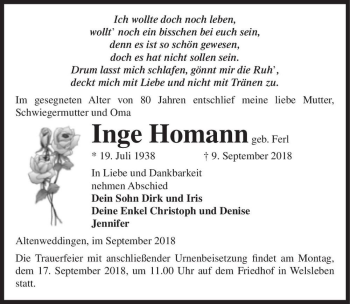 Traueranzeige von Inge Homann (geb. Ferl)  von Magdeburger Volksstimme
