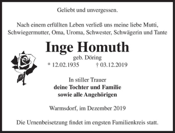 Traueranzeige von Inge Homuth (geb. Döring)  von Magdeburger Volksstimme