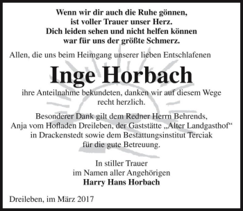 Traueranzeige von Inge Horbach  von Magdeburger Volksstimme