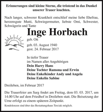 Traueranzeige von Inge Horbach (geb. Ott)  von Magdeburger Volksstimme