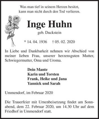 Traueranzeige von Inge Huhn (geb. Duckstein)  von Magdeburger Volksstimme