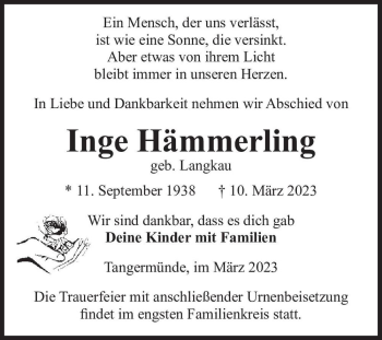 Traueranzeige von Inge Hämmerling (geb. Langkau)  von Magdeburger Volksstimme