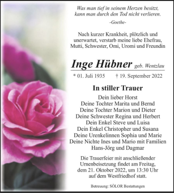 Traueranzeige von Inge Hübner (geb. Wentzlau)  von Magdeburger Volksstimme