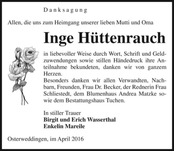 Traueranzeige von Inge Hüttenrauch  von Magdeburger Volksstimme