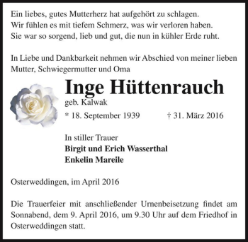 Traueranzeige von Inge Hüttenrauch (geb. Kalwak)  von Magdeburger Volksstimme