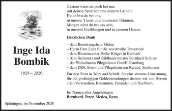 Traueranzeige von Inge Ida Bombik  von Magdeburger Volksstimme