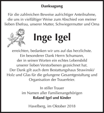 Traueranzeige von Inge Igel  von Magdeburger Volksstimme