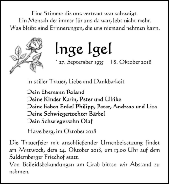 Traueranzeige von Inge Igel  von Magdeburger Volksstimme