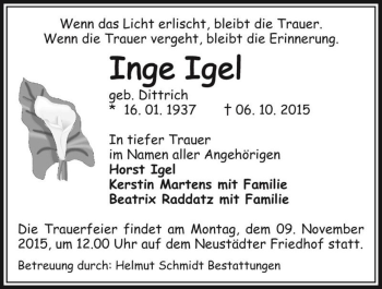 Traueranzeige von Inge Igel (geb. Dittric)  von Magdeburger Volksstimme