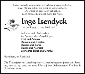 Traueranzeige von Inge Isendyck  von Magdeburger Volksstimme