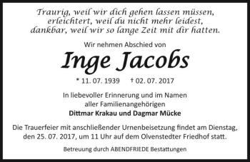 Traueranzeige von Inge Jacobs  von Magdeburger Volksstimme