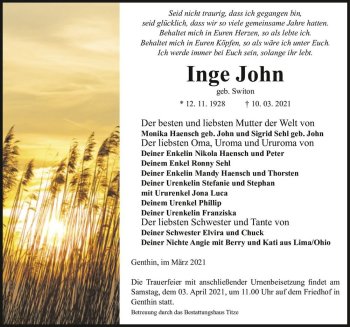 Traueranzeige von Inge John (geb. Switon)  von Magdeburger Volksstimme