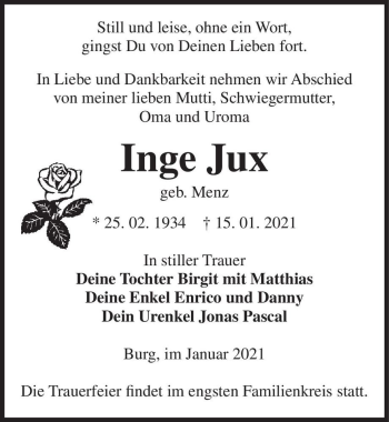 Traueranzeige von Inge Jux (geb. Menz)  von Magdeburger Volksstimme