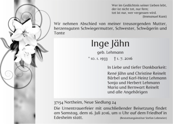 Traueranzeige von Inge Jähn (geb. Lehmann)  von Magdeburger Volksstimme