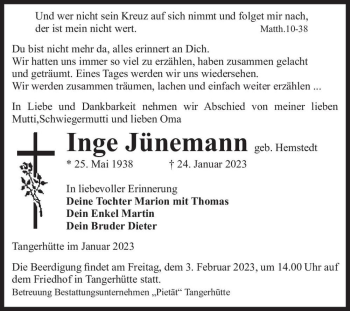 Traueranzeige von Inge Jünemann (geb. Hemstedt)  von Magdeburger Volksstimme