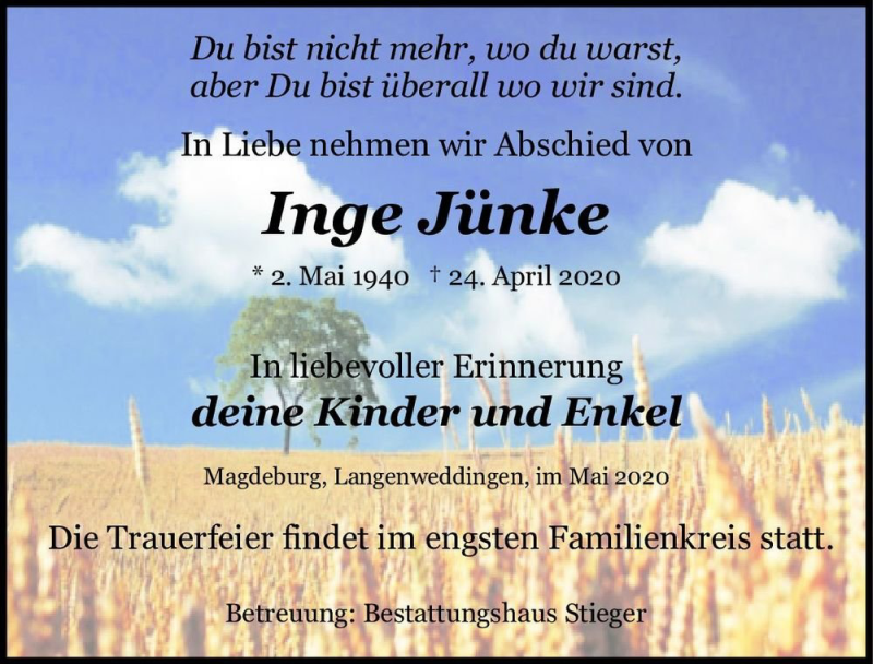  Traueranzeige für Inge Jünke  vom 09.05.2020 aus Magdeburger Volksstimme