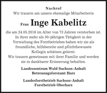 Traueranzeige von Inge Kabelitz  von Magdeburger Volksstimme