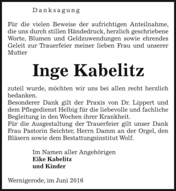 Traueranzeige von Inge Kabelitz  von Magdeburger Volksstimme