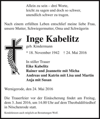 Traueranzeige von Inge Kabelitz (geb. Kindermann)  von Magdeburger Volksstimme