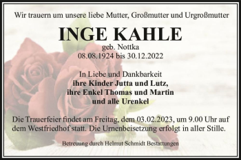 Traueranzeige von Inge Kahle (geb. Nottka)  von Magdeburger Volksstimme