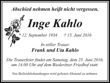 Traueranzeige von Inge Kahlo  von Magdeburger Volksstimme