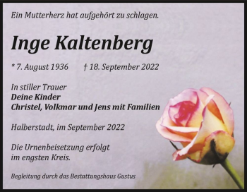 Traueranzeige von Inge Kaltenberg  von Magdeburger Volksstimme