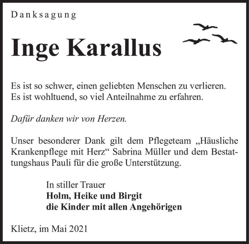  Traueranzeige für Inge Karallus  vom 21.05.2021 aus Magdeburger Volksstimme
