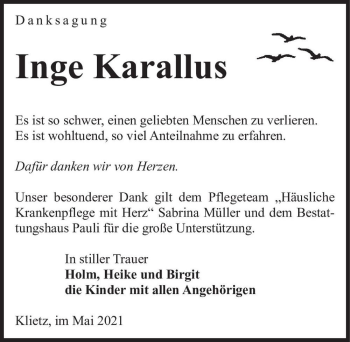 Traueranzeige von Inge Karallus  von Magdeburger Volksstimme