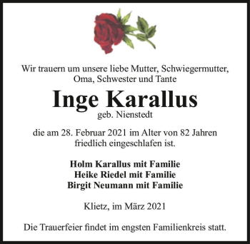 Traueranzeige von Inge Karallus (geb. Nienstedt)  von Magdeburger Volksstimme
