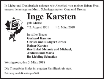 Traueranzeige von Inge Karsten (geb. Mause)  von Magdeburger Volksstimme