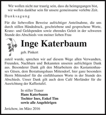 Traueranzeige von Inge Katerbaum (geb. Pinkert)  von Magdeburger Volksstimme
