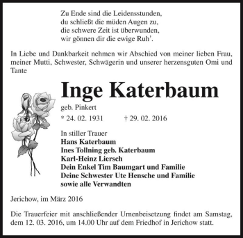 Traueranzeige von Inge Katerbaum (geb. Pinkert)  von Magdeburger Volksstimme