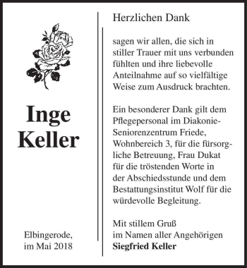Traueranzeige von Inge Keller  von Magdeburger Volksstimme