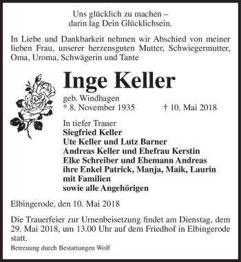 Traueranzeige von Inge Keller (geb. Windhagen)  von Magdeburger Volksstimme