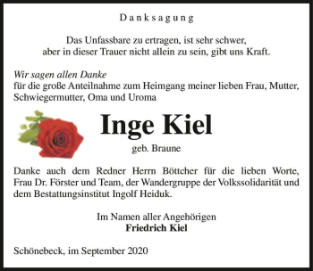 Traueranzeige von Inge Kiel (geb. Braune)  von Magdeburger Volksstimme