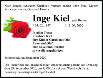 Traueranzeige von Inge Kiel (geb. Braune)  von Magdeburger Volksstimme
