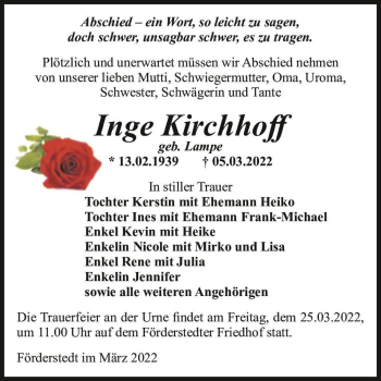 Traueranzeige von Inge Kirchhoff (geb. Lampe)  von Magdeburger Volksstimme
