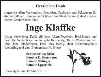 Traueranzeige von Inge Klaffke  von Magdeburger Volksstimme