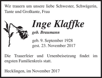 Traueranzeige von Inge Klaffke (geb. Braumann)  von Magdeburger Volksstimme
